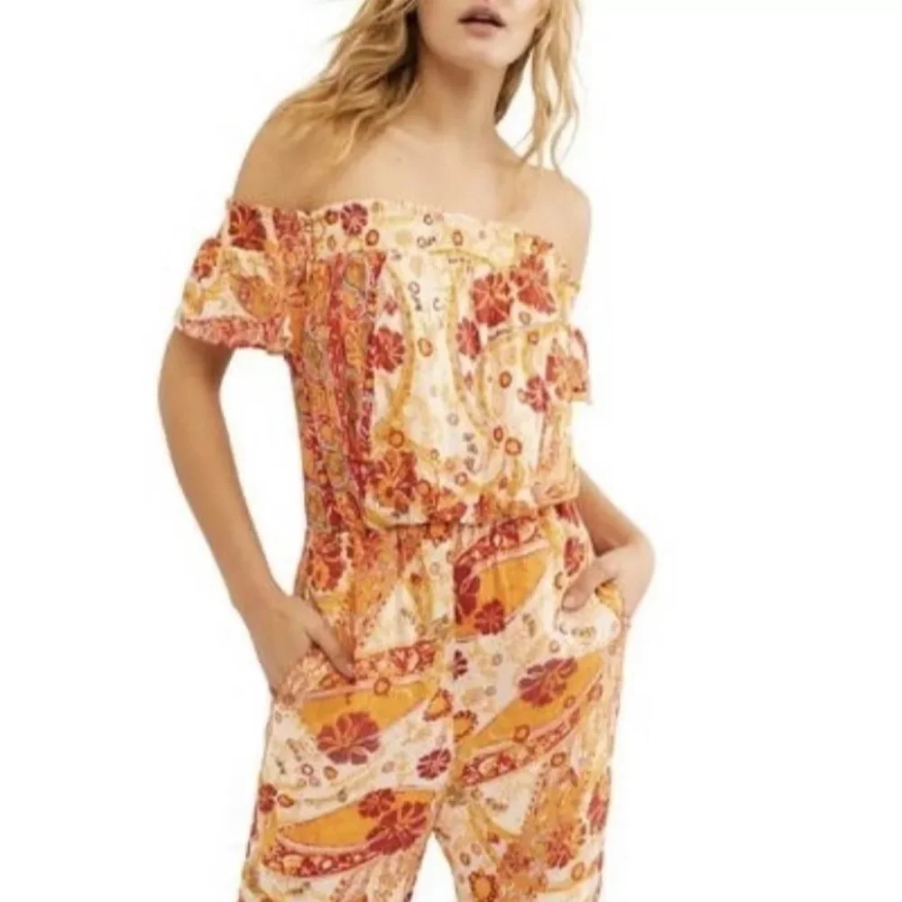 Free People Carmen Jumpsuit Off Shoulder Floral Wide Leg Size S